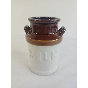 Vintage Stoneware Jug Two-Tone Brown Glazed Finish "MILK" Embossed On Front